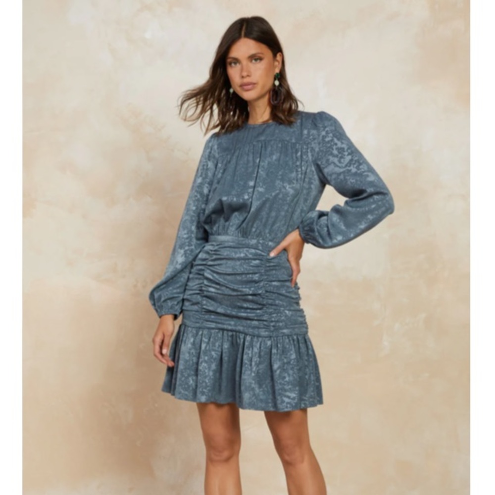 👗 NWT Dusty Teal CURRENT AIR Ruched Jacquard Mini Dress NEW Size Medium M